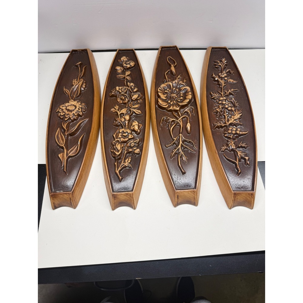 Vintage Burwood Products Floral Wall Plaques Set of 4 Mid Century Modern Brown